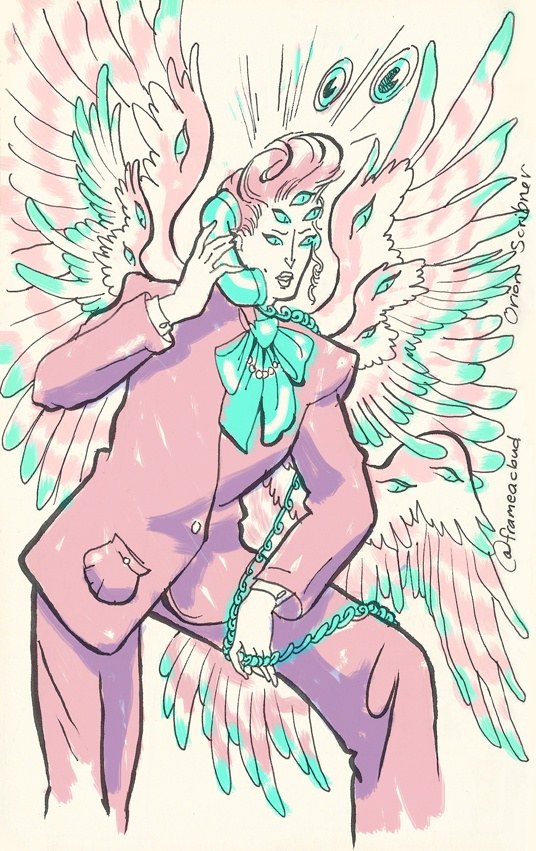 An angel with many wings and many eyes, wearing a 1980s power suit in lavender and aqua, talking on a telephone handset.